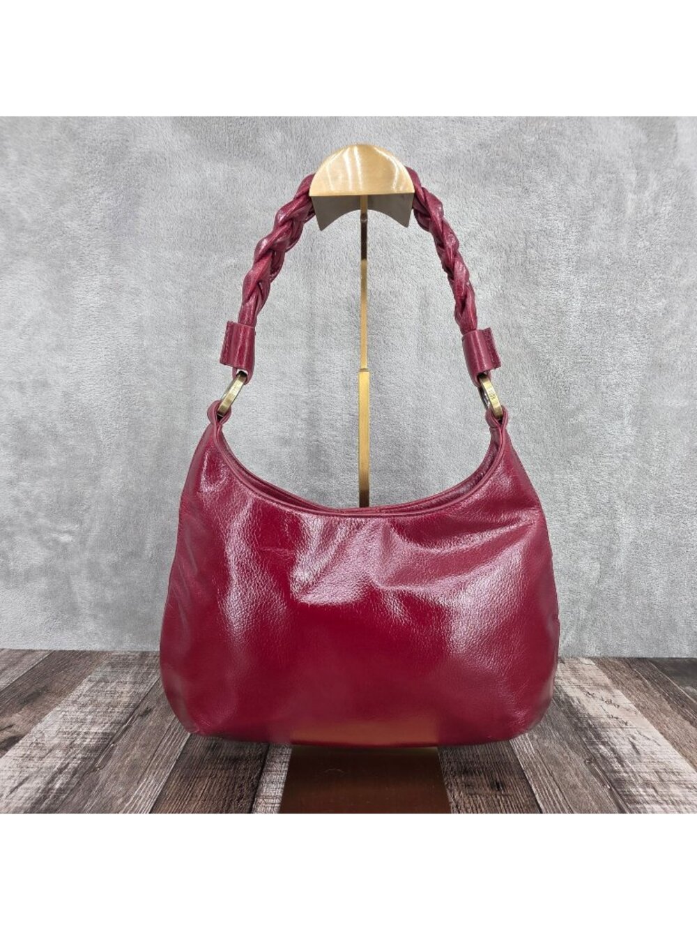 HOBO Madison Shoulder Bag Garnet Gloss Red Leather Braided Strap Quality Chic